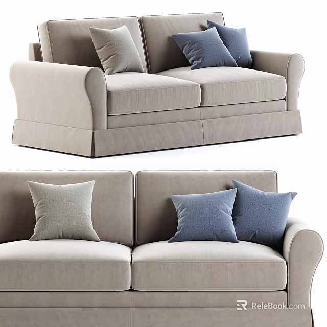 Light Beige Two-Seater Sofa with Light Gray and Blue Decorative Pillows 3d model