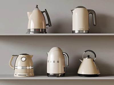 Stylish Beige Electric Kettles Displayed On Modern Shelves With Different Designs 3d model