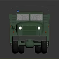 Green Military Truck With Canvas Cover Multiple Wheels And Blue Warning Light