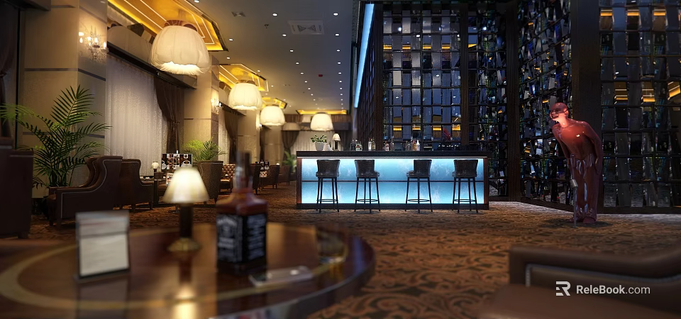 Luxurious Restaurant Interior With Bar Counter Pendant Lights Wine Rack Wall Carpet And Leather Seats 3d model 