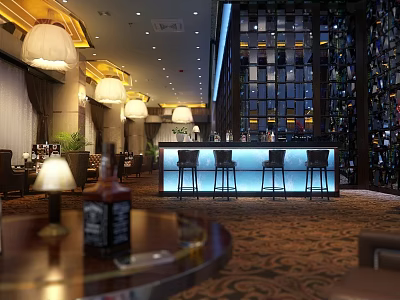Luxurious Restaurant Interior With Bar Counter Pendant Lights Wine Rack Wall Carpet And Leather Seats 3d model