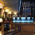 Luxurious Restaurant Interior With Bar Counter Pendant Lights Wine Rack Wall Carpet And Leather Seats