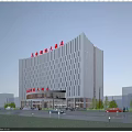 Modern High Rise Hotel Building with Geometric Exterior Design and Illuminated Top Signage