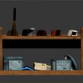 Wooden Shelf Display With Various Colored Pipes Tobacco Tins And Small Boxes