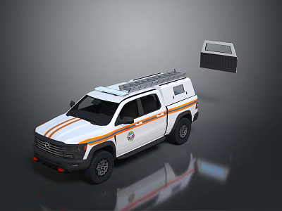White Pickup Truck With Orange Yellow Stripes Roof Rack And Storage Compartment 3d model