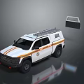 White Pickup Truck With Orange Yellow Stripes Roof Rack And Storage Compartment