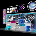 Cyber Tech Exhibition Display With Astronaut Rocket Neon Lights And Grid Background 3d model