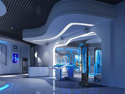 Modern High Tech Exhibition Hall Featuring Curved Design Blue Lighting Display Stands And Interactive Screens 3d model