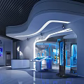 Modern High Tech Exhibition Hall Featuring Curved Design Blue Lighting Display Stands And Interactive Screens