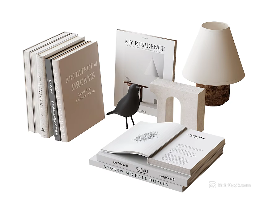 Elegant Books and Magazines Display with Open Book Bird Decor Table Lamp and Geometric Accents 3d model 