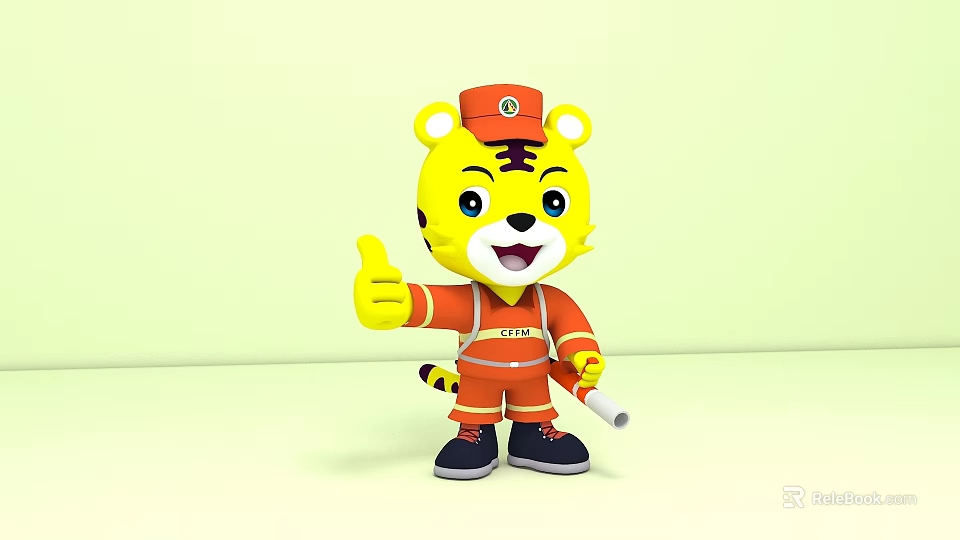 Cartoon Tiger Firefighter Character In Orange Uniform With Red Hat And Thumbs Up 3d model 