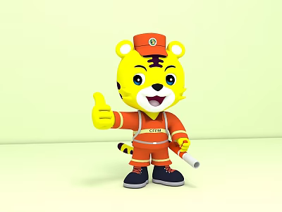 Cartoon Tiger Firefighter Character In Orange Uniform With Red Hat And Thumbs Up 3d model
