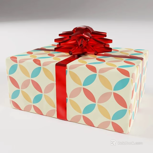 Colorful Gift Box With Circular Patterns And Red Bow On Wrapping Paper 3d model