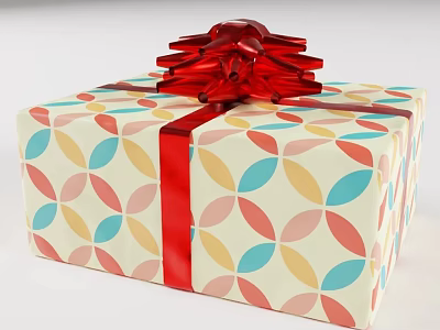 Colorful Gift Box With Circular Patterns And Red Bow On Wrapping Paper 3d model