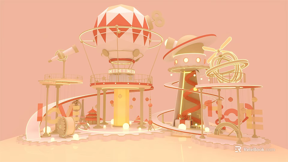 Colorful Playground Design With Hot Air Balloon Tower Slide And Decorative Elements 3d model