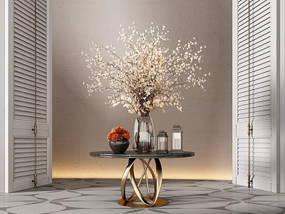 White Blossoms In Vase On Round Black Table With Gold Base And White Shutters 3d model
