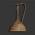 Ancient Terracotta Carved Pottery Jar With Long Neck And Curved Handle