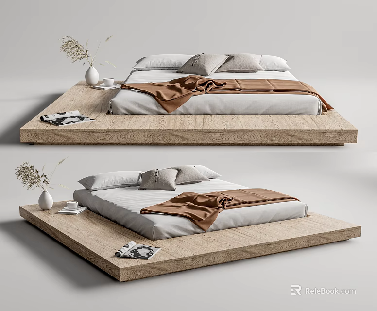 Double Bed on Wooden Platform with White Sheets Brown Blanket Vase and Magazines 3d model 