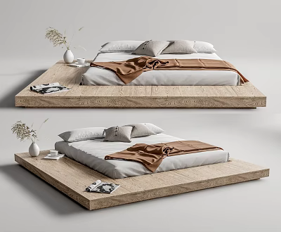 Double Bed on Wooden Platform with White Sheets Brown Blanket Vase and Magazines 3d model