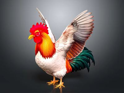 Vibrant Rooster With Red Comb Orange Throat White Body Green Red Tail Feathers Spread Wings 3d model