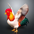 Vibrant Rooster With Red Comb Orange Throat White Body Green Red Tail Feathers Spread Wings