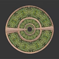 Multi Tiered Circular Garden Design With Circular Architecture Green Plants And Arched Doorways