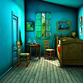 Blue Room Interior With Wooden Bed Table Chairs Window Wall Paintings And Wooden Floor