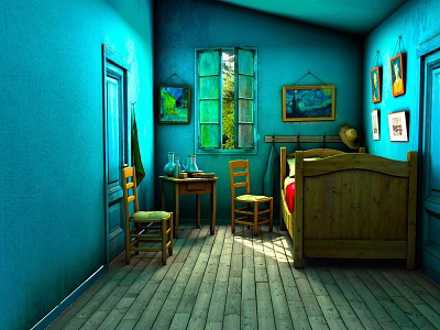 Blue Room Interior With Wooden Bed Table Chairs Window Wall Paintings And Wooden Floor 3d model