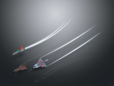 Three Spaceships Flying In Dark Space With White Trails Different Colors And Designs 3d model
