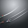 Three Spaceships Flying In Dark Space With White Trails Different Colors And Designs
