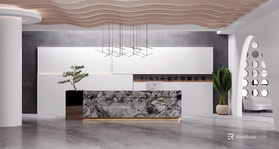 Modern Reception Desk Interior With Marble Countertop Wooden Wavy Ceiling And Hanging Lights 3d model 