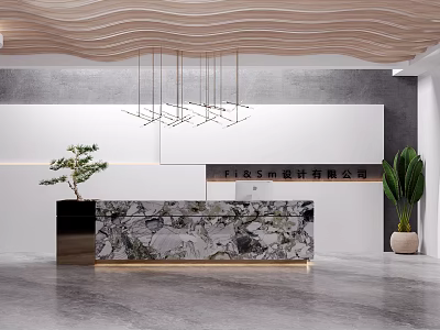Modern Reception Desk Interior With Marble Countertop Wooden Wavy Ceiling And Hanging Lights 3d model