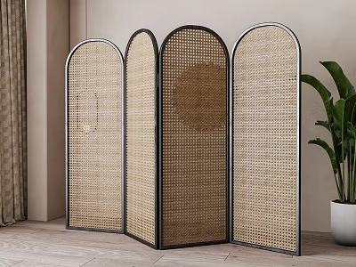 Four Panel Rattan Room Divider With Arch Top And Metal Frame 3d model