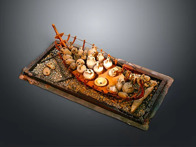 Ancient Wooden Water Vessel Model with Lanterns Stones and Ornate Wooden Frame 3d model