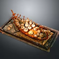 Ancient Wooden Water Vessel Model with Lanterns Stones and Ornate Wooden Frame