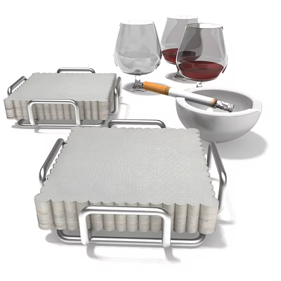 Stylish Wine Bottles and Wine Glasses Arranged on Metal Trays with Red Wine and Ashtray 3d model