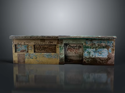 Old Weathered Storefront Facade With Peeling Paint Graffiti And Roll Up Door 3d model