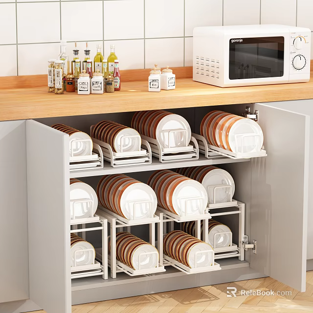 Kitchen Cabinet with Organized Plates and Bowls on Wooden Countertop with Spices and Microwave 3d model 