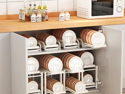 Kitchen Cabinet with Organized Plates and Bowls on Wooden Countertop with Spices and Microwave 3d model
