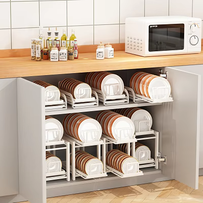 Kitchen Cabinet with Organized Plates and Bowls on Wooden Countertop with Spices and Microwave 3d model