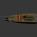 Golden Fighter Jet Model With Cross Shaped Wings Rear Engines And Red Stripes