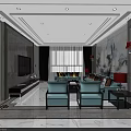 Modern Dining Room Interior With Light Blue Chairs Dark Table Chandelier And Geometric Tiles