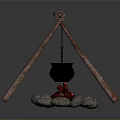Wooden Tripod Structure With Hanging Cauldron Over Stone Fire Pit