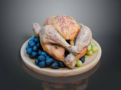 Golden Brown Roasted Chicken Served on Wooden Plate with Blue and Green Grapes 3d model
