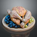 Golden Brown Roasted Chicken Served on Wooden Plate with Blue and Green Grapes