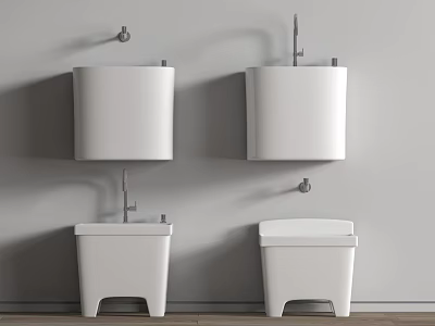 Modern White Bathroom Fixtures Of Different Types On Grey Wall 3d model