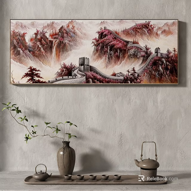 Chinese Great Wall Mountain Landscape Painting With Red Tones And Decorative Vase Teapot 3d model 