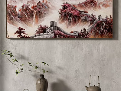 Chinese Great Wall Mountain Landscape Painting With Red Tones And Decorative Vase Teapot 3d model
