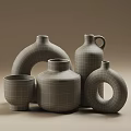 Modern Decorative Vases And Cup With Ceramic Glass Gold Accents Curved Circular Handle Textured Designs