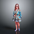 Woman In Teal Printed Dress With Large Belt Sunglasses And Blue Sandals On Grey Background